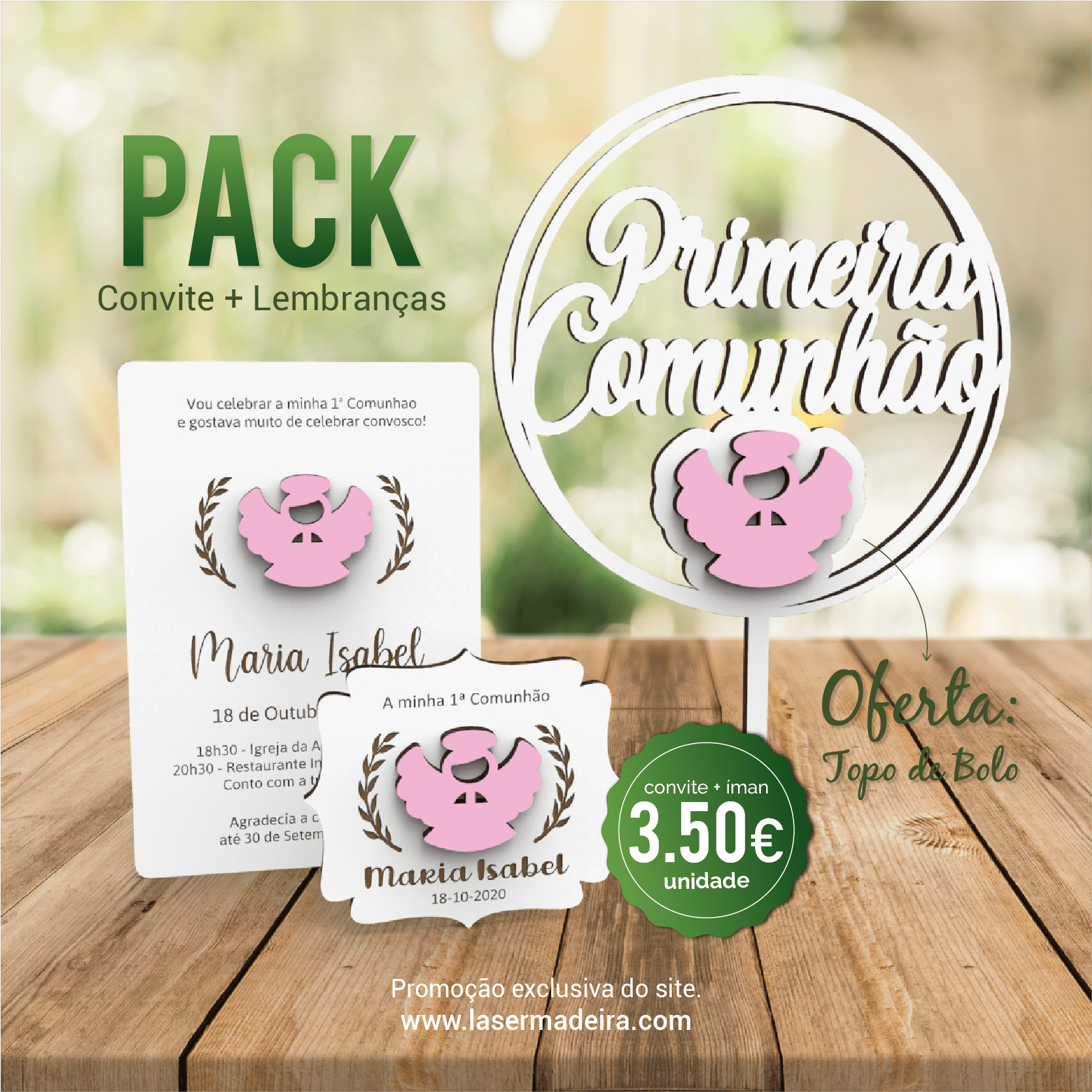 Convite Batismo / Primeira Comunhão / Profissão de Fé / Crisma e Lembrança íman com aplique Anjo - PACK - Laser Madeira